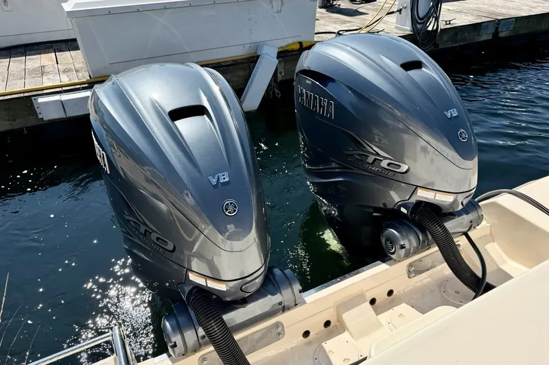Slide: The Image of Twin Yamaha V8 outboard engines on a 2023 Grady-White Express 330 boat. - 31
