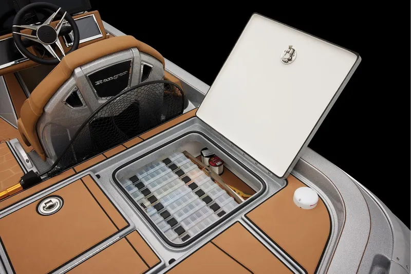 Slide: The Image of Manufacturer Provided Image: 2026 Ranger Z520R Ultra boat interior with open storage compartment and fishing gear. - 55