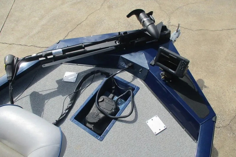 Slide: The Image of 2018 G3 Sportsman 17 boat deck with trolling motor and fish finder. - 6
