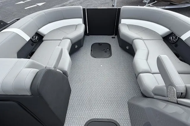 Slide: The Image of Luxurious seating area of 2027 Evotti 523CS boat with modern design and gray upholstery. - 22