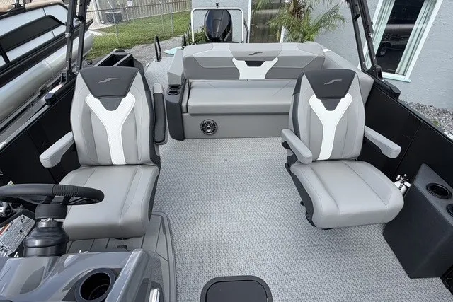 Slide: The Image of Interior of 2027 Evotti 523CS boat with modern seating and sleek design. - 14