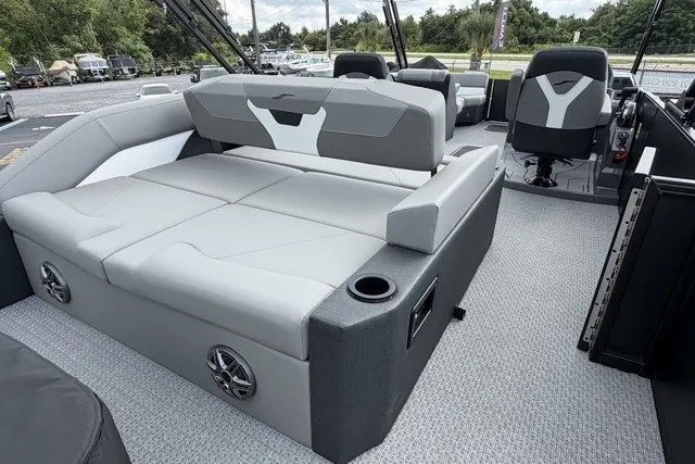 Slide: The Image of Luxurious 2027 Evotti 523CS boat interior with plush seating and modern design. - 17