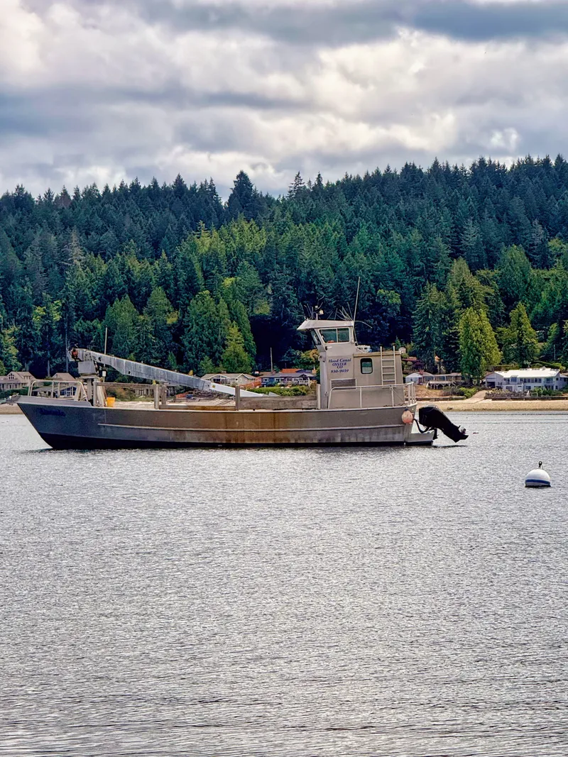 Slide: The Image of A 1997 Custom Rozema 50" Aluminum Oyster boat on calm water with a wooded shoreline. - 1