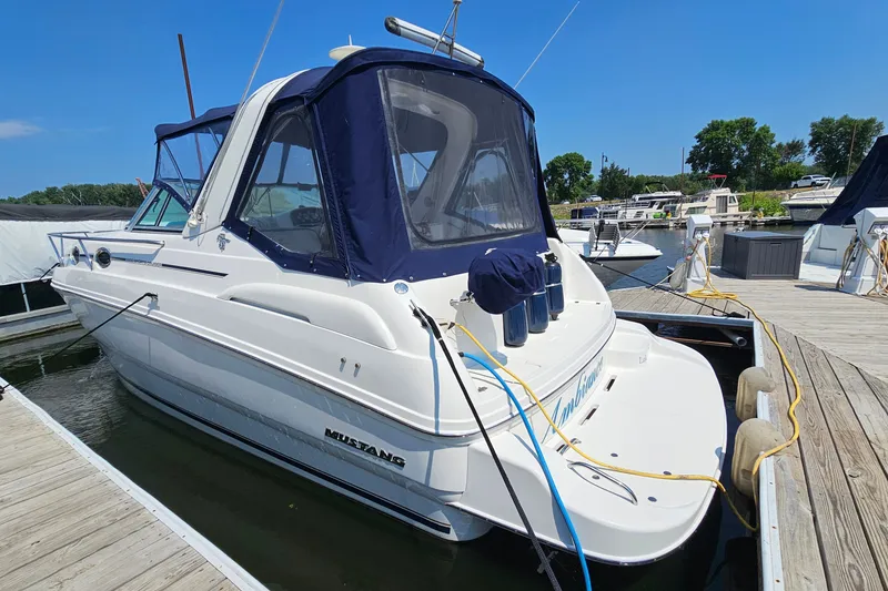 The Image of 2001 Mustang 3200 Sport Cruiser docked at marina under clear blue sky. - 1