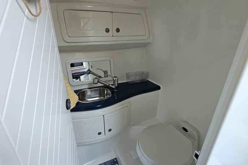 Slide: The Image of Compact bathroom in 2001 Mustang 3200 Sport Cruiser with sink, mirror, and toilet. - 22