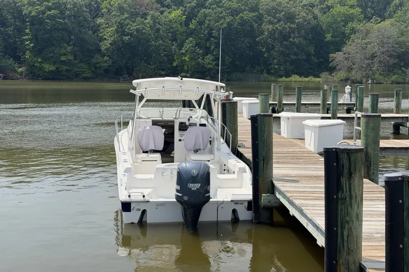 Slide: The Image of 2013 Sea Fox 256 Voyager docked at a serene lakeside pier. - 9