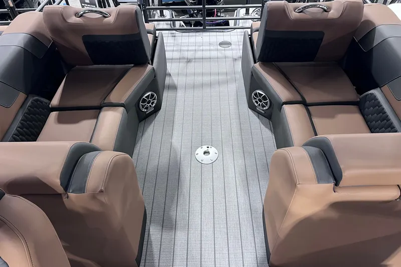 Slide: The Image of Luxurious seating on 2026 Sylvan L3 LZ DH boat with premium upholstery and integrated speakers. - 8