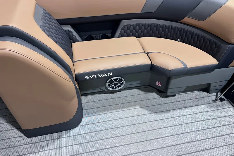 Slide: The Image of Luxurious seating on 2026 Sylvan L3 LZ DH boat with premium upholstery and integrated speaker. - 2