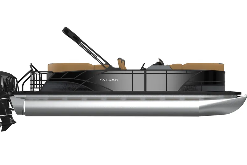 Slide: The Image of 2026 Sylvan L3 LZ DH pontoon boat, sleek design, black exterior, tan seating, side view. - 32