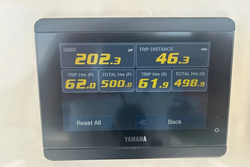 Slide: The Image of Yamaha display showing fuel usage and trip data for 2024 Cobia 240 Center Console. - 17