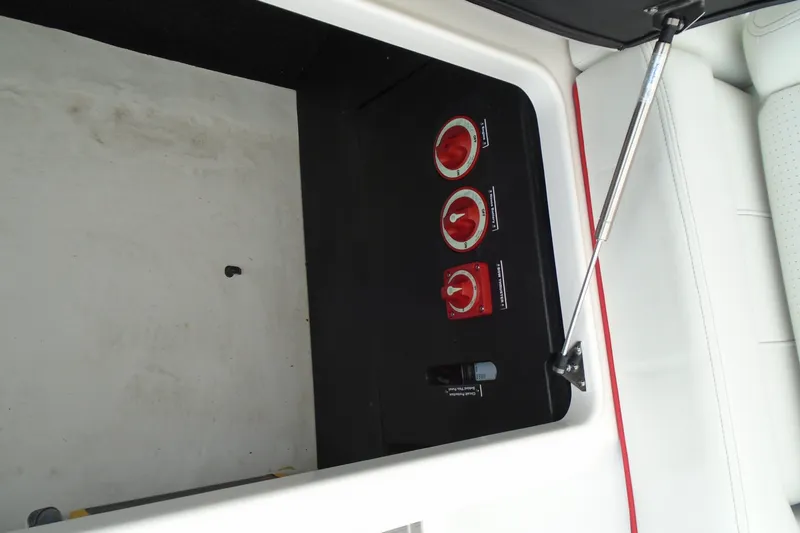 Slide: The Image of 2024 Regal LX9 boat compartment with control switches and hydraulic support. - 9