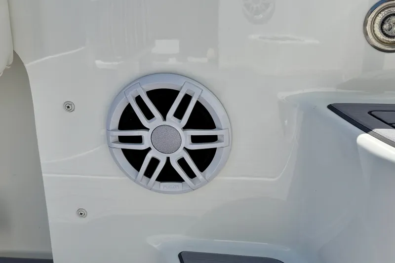 Slide: The Image of Close-up of a Fusion marine speaker on a 2022 Parker 2520 XLD Sport Cabin boat. - 33