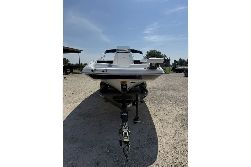 Slide: The Image of 2023 Tahoe 2150 CC boat on trailer, parked outdoors under clear sky. - 2