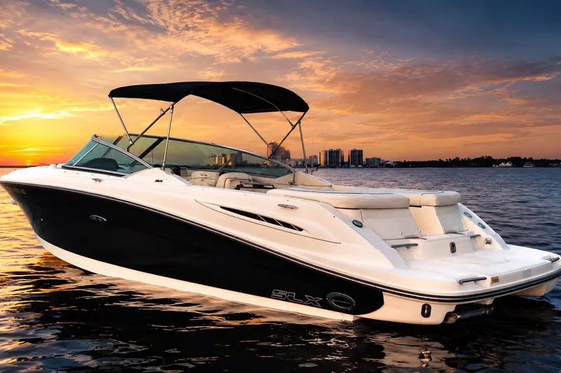 Slide: The Image of 2006 Sea Ray 270 SLX boat on water at sunset, showcasing sleek design and luxury features. - 2