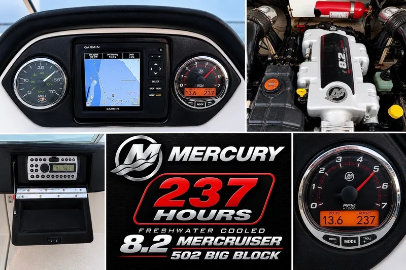 Slide: The Image of Dashboard and engine details of a 2006 Sea Ray 270 SLX with Mercury 8.2 engine. - 32