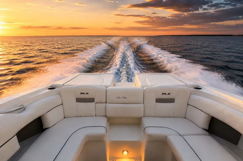 Slide: The Image of 2006 Sea Ray 270 SLX boat cruising at sunset, leaving a wake on the water. - 25