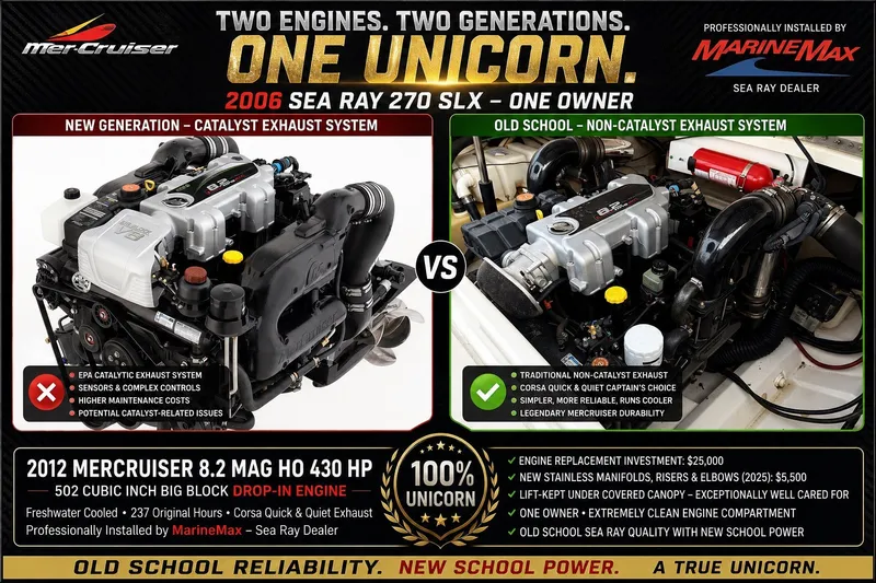 Slide: The Image of 2006 Sea Ray 270 SLX comparison of new and old engine exhaust systems. - 34