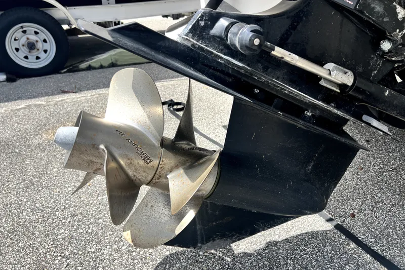 Slide: The Image of Close-up of a 2010 Sea Ray 240 Sundancer boat propeller on a trailer. - 19