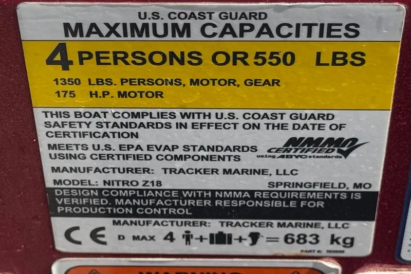 Slide: The Image of 2018 Nitro Z18 boat capacity label: 4 persons, 550 lbs, 175 HP motor compliance. - 27