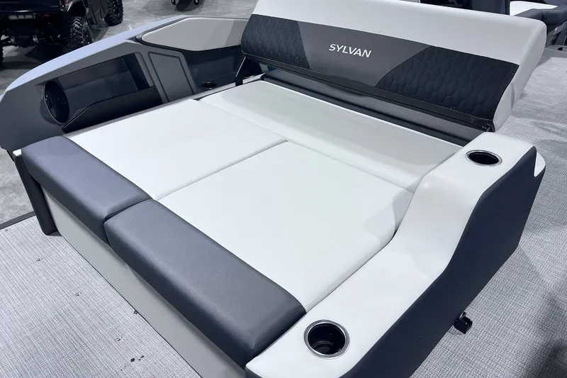 Slide: The Image of 2026 Sylvan R-22 CLZ DH boat seating with cup holders, featuring sleek design and comfort. - 11
