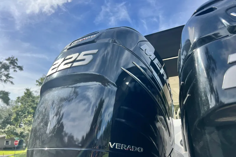 Slide: The Image of Twin Mercury Verado 225 engines on a 2015 Boston Whaler 270 Vantage boat. - 15