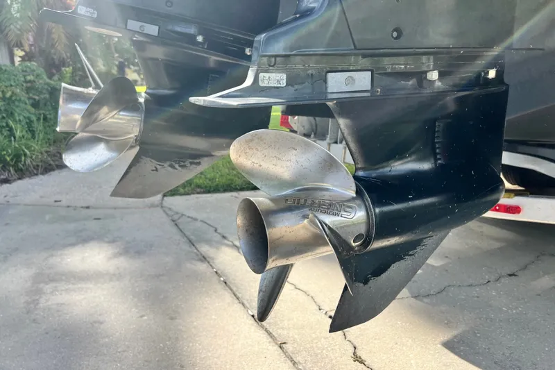 Slide: The Image of Close-up of dual propellers on a 2015 Boston Whaler 270 Vantage boat. - 13