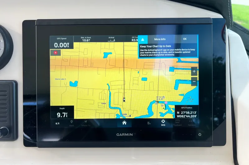 Slide: The Image of Garmin GPS display on 2015 Boston Whaler 270 Vantage, showing navigation map and depth. - 79