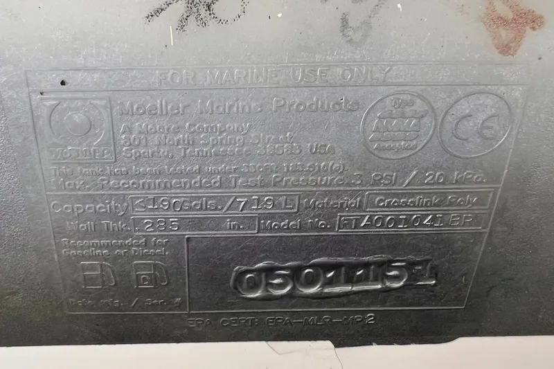 Slide: The Image of Label on Moeller Marine fuel tank for 2015 Boston Whaler 270 Vantage, 190-gallon capacity. - 92