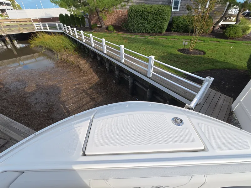 Slide: The Image of Bow of a Sea Ray SDX 250 Outboard in a calm harbor area. - 22
