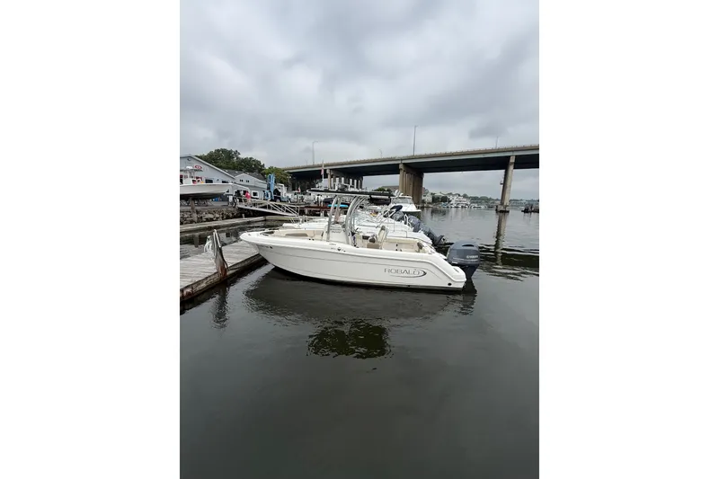 Slide: The Image of 2019 Robalo R222 Explorer boat docked at marina under cloudy sky. - 2