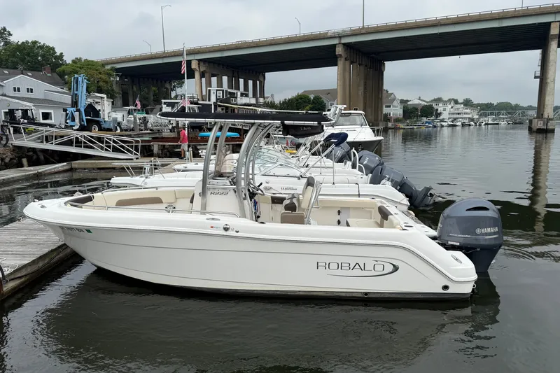 The Image of 2019 Robalo R222 Explorer boat docked near a bridge on a cloudy day. - 0