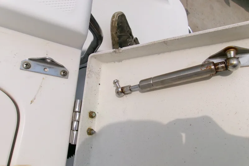 Slide: The Image of Robalo R240 Center Console 2010 boat hinge and gas strut detail. - 19