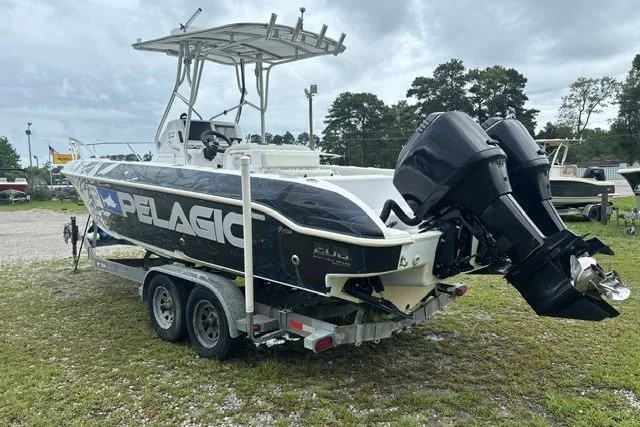 Slide: The Image of 1999 Donzi boat on trailer with dual outboard motors, featuring "Pelagic" branding. - 4