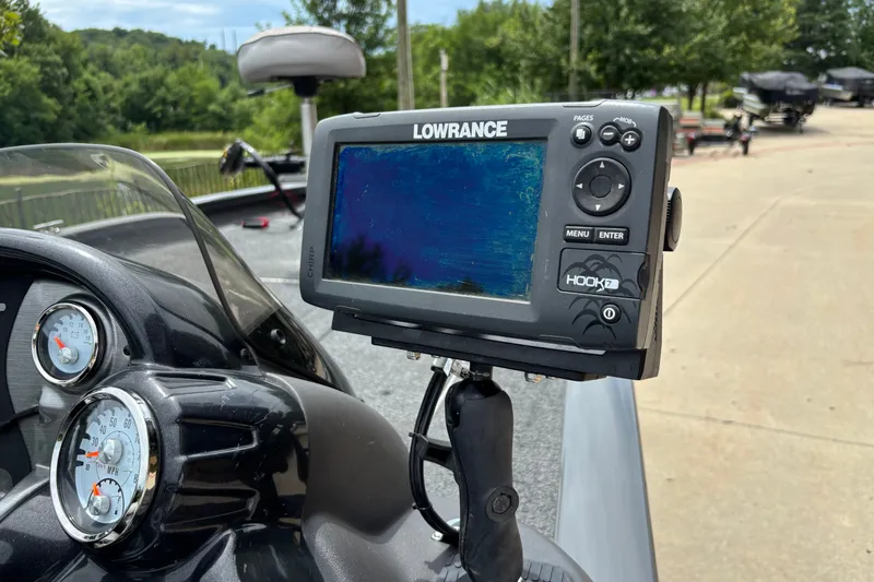 Slide: The Image of Fishfinder on 2018 Tracker Pro Team 190 TX boat dashboard, featuring Lowrance Hook2 display. - 12