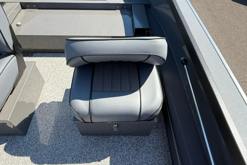 Slide: The Image of 2026 Alumaweld Free Drifter 20 boat seat with gray upholstery and storage compartment. - 24