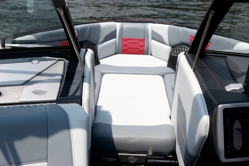 Slide: The Image of 2023 Malibu Wakesetter 25 LSV interior with luxurious seating and modern design. - 14
