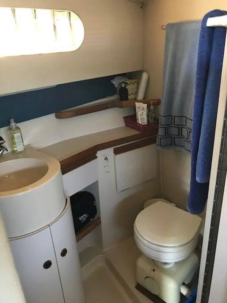 Slide: The Image of The image shows the bathroom of a 1989 Carver 3067 Santego with a sink and toilet. - 12