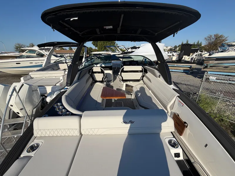 Slide: The Image of The image shows a 2027 Sea Ray SLX 280 Outboard boat with luxurious, modern interior. - 11