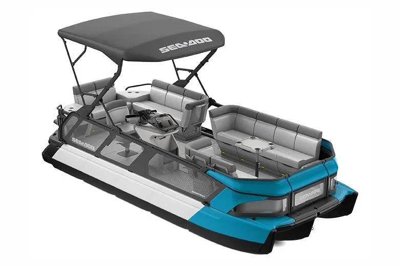 Slide: The Image of Manufacturer Provided Image: 2022 Sea-Doo Switch Cruise 21 pontoon boat with canopy and spacious seating. - 9
