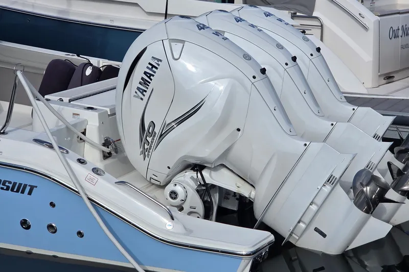 Slide: The Image of 2023 Pursuit S 378 Sport boat with Yamaha outboard engines at dock. - 9