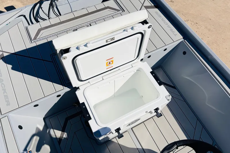 Slide: The Image of Open cooler on 2027 Tracker Bass Tracker Classic CC boat deck. - 26