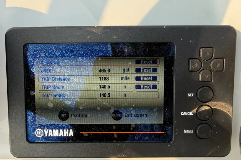 Slide: The Image of Yamaha display showing fuel, distance, and hours for 2020 Maverick 18 HPX-V boat. - 38