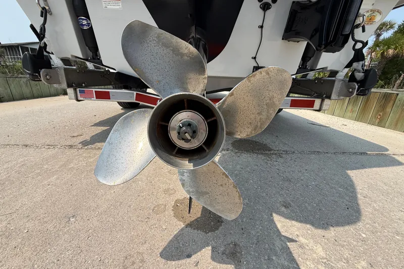 Slide: The Image of Propeller of a 2020 Maverick 18 HPX-V boat on a trailer, close-up view. - 20