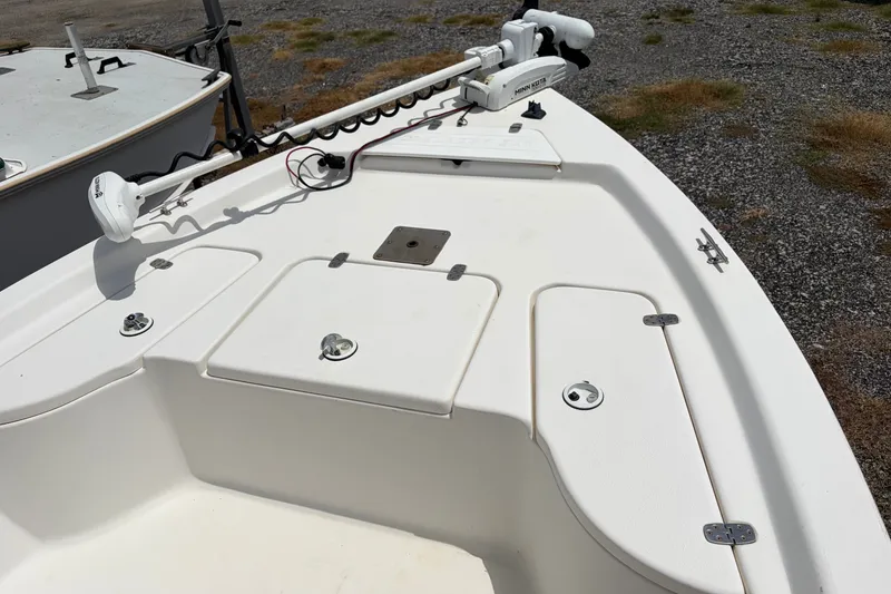 Slide: The Image of 2008 Blazer Bay 1960 Bay boat deck with storage compartments and trolling motor. - 3