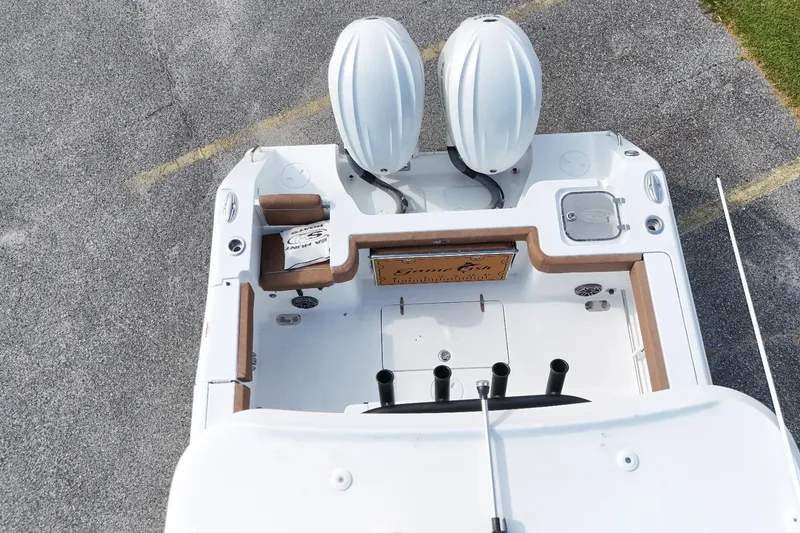 Slide: The Image of Aerial view of 2027 Sea Hunt Gamefish 28 boat with dual engines and spacious seating. - 4