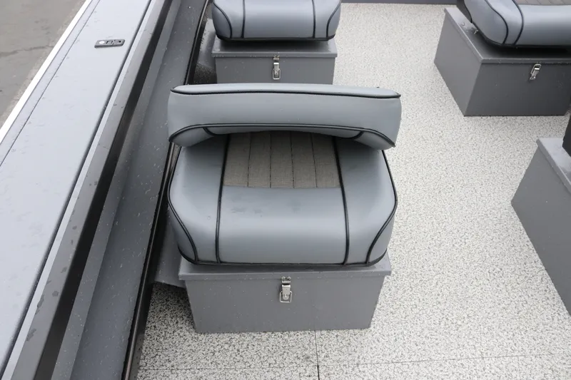 Slide: The Image of 2027 Alumaweld Super Vee Pro 23 boat interior with gray cushioned seating. - 14