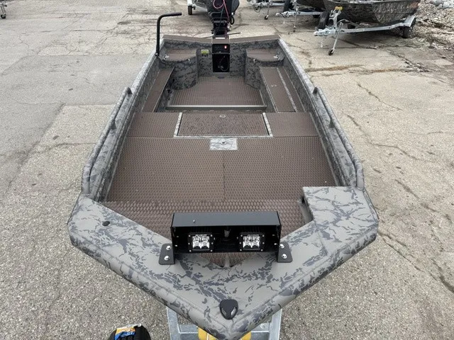 Slide: The Image of A GATOR-TAIL GB 1750 Mid Savage boat with camouflage paint and spacious deck. - 4