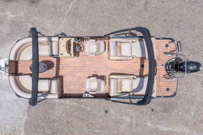 Slide: The Image of Overhead view of 2017 South Bay 523SL pontoon boat with wood deck and seating. - 6