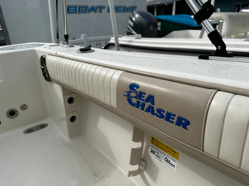 Slide: The Image of Close-up of a Sea Chaser 20 HFC boat interior with logo and upholstery. - 31