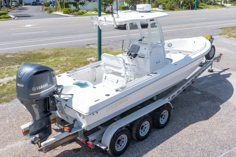 Slide: The Image of 2012 Everglades 243 Center Console boat on trailer with Yamaha engine. - 48
